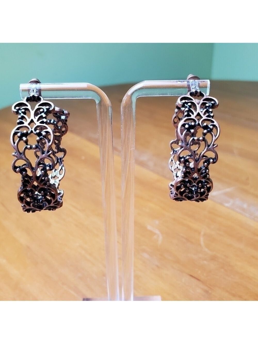 Earrings, bronze and black hoops, 1.5 inches